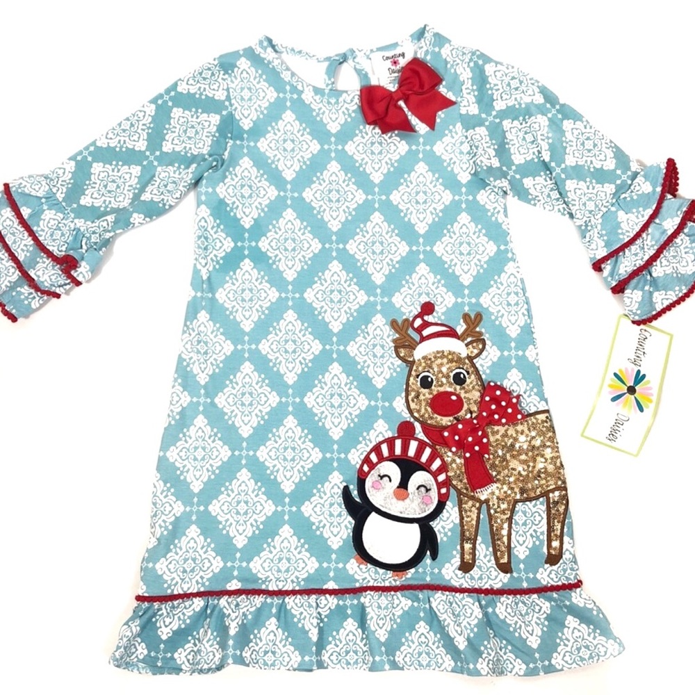 Girl's Christmas Holiday Sequin Reindeer Blue White Dress Size 6X